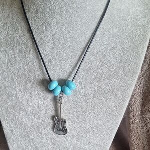 Silver Guitar Pendant Necklace with Blue Beads Nwot
